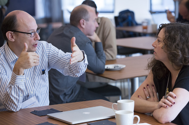 Leslie Greengard and Sharon Glotzer talking together at a table