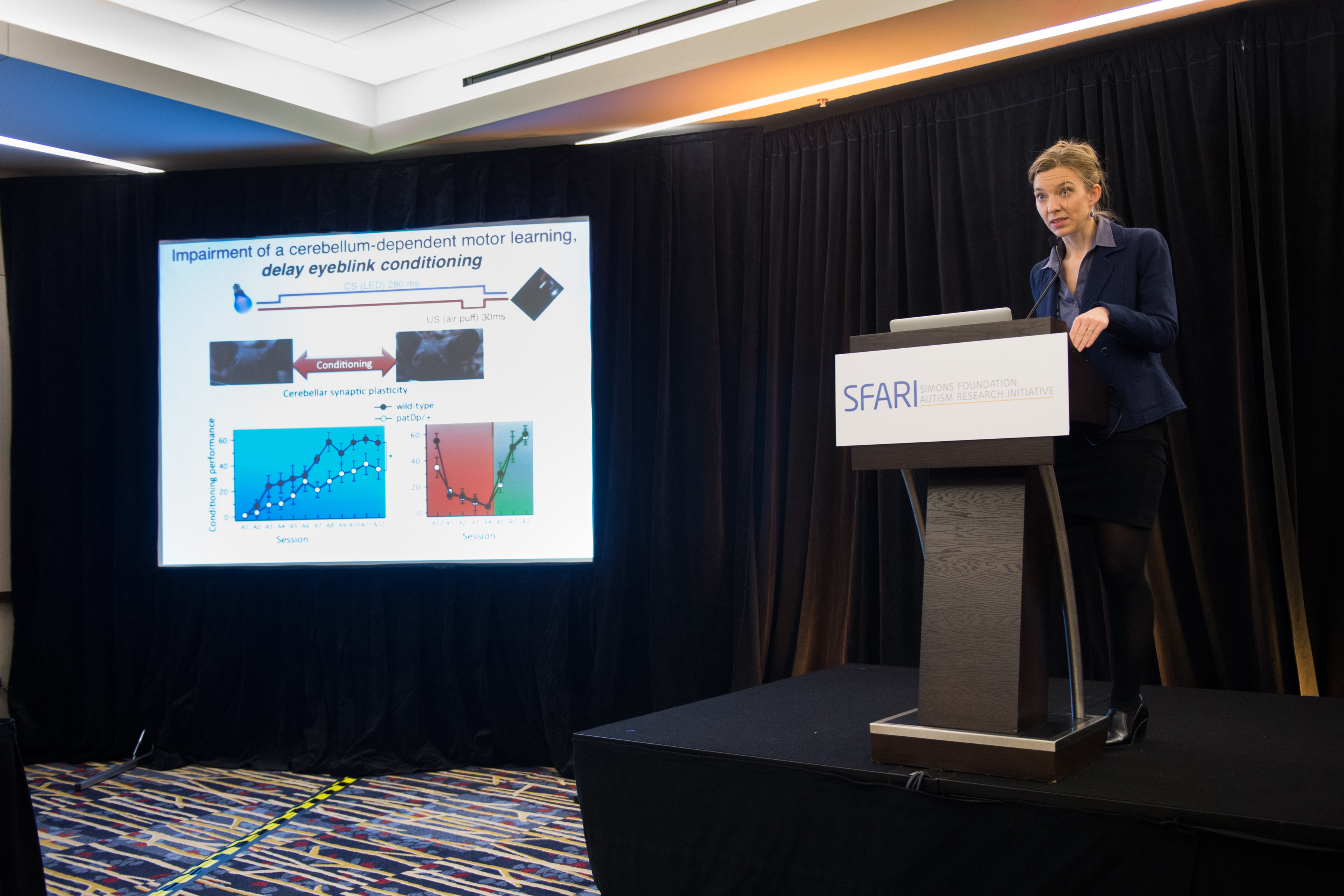 Woman standing on an elevated platform with a lectern labelled SFARI, as she presents a slideshow titled 