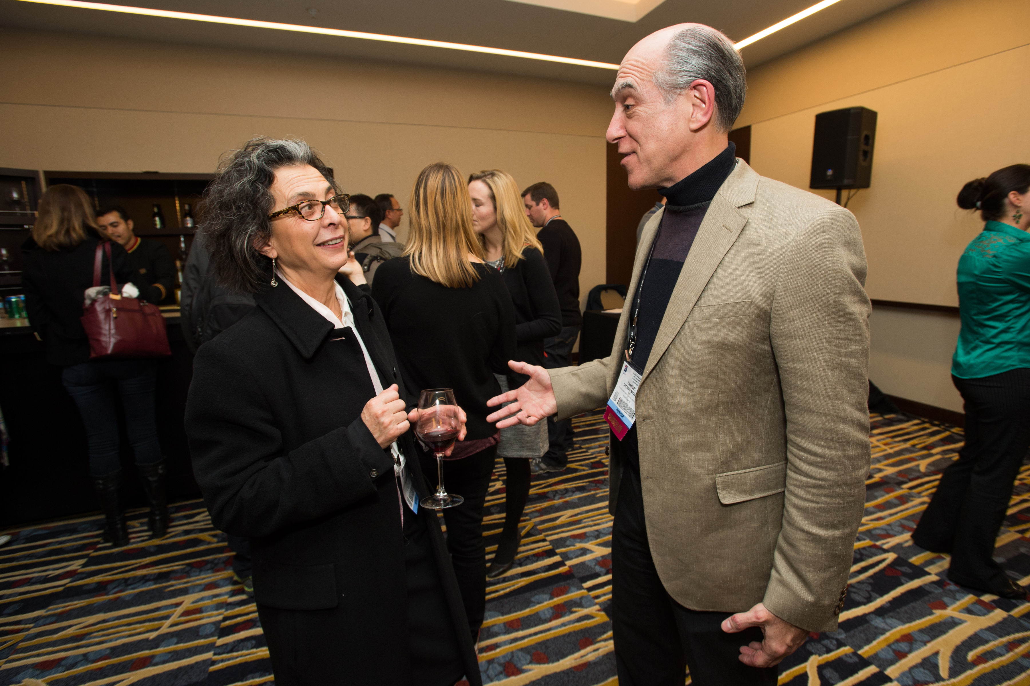 Woman and man standing while talking