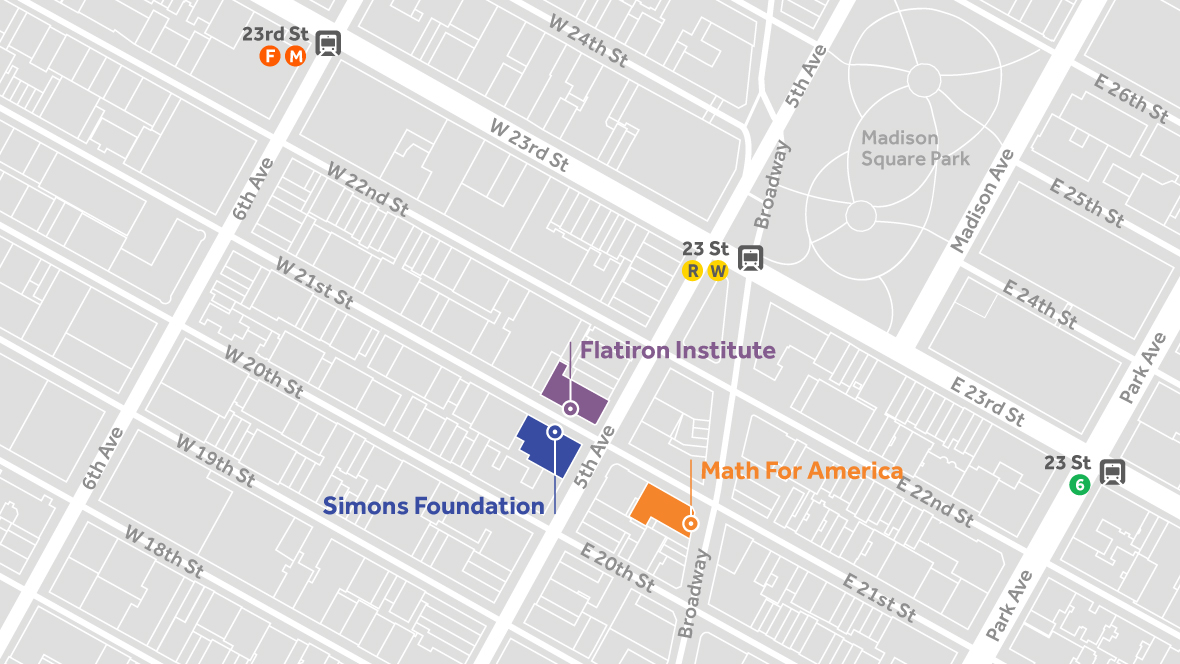 Partial map of Manhattan (17-26th streets and Park avenue to 6th ave) Simons Foundation, Flatiron Institute and Math for America buildings are all highlighted