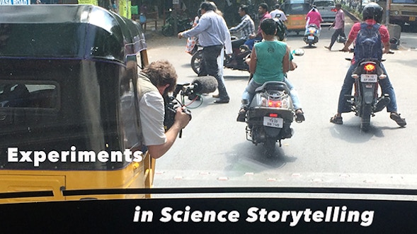 Photo of man leaning outside of a car with a videocamera, filming people on motorcycles. On top of the photo are the words Experiments in Science Storytelling