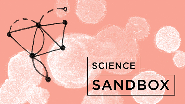 Science Sandbox logo on a peach tinted background with cells on the back