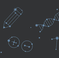 Digital graphic of pencil, two buttons and DNA 