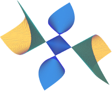 A blue, green and yellow Cayley Cubic on a white background