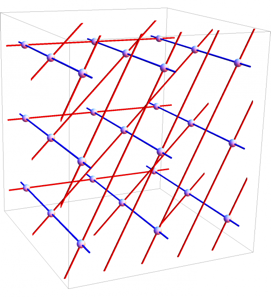 Digital image of a cube with red and blue lines in it