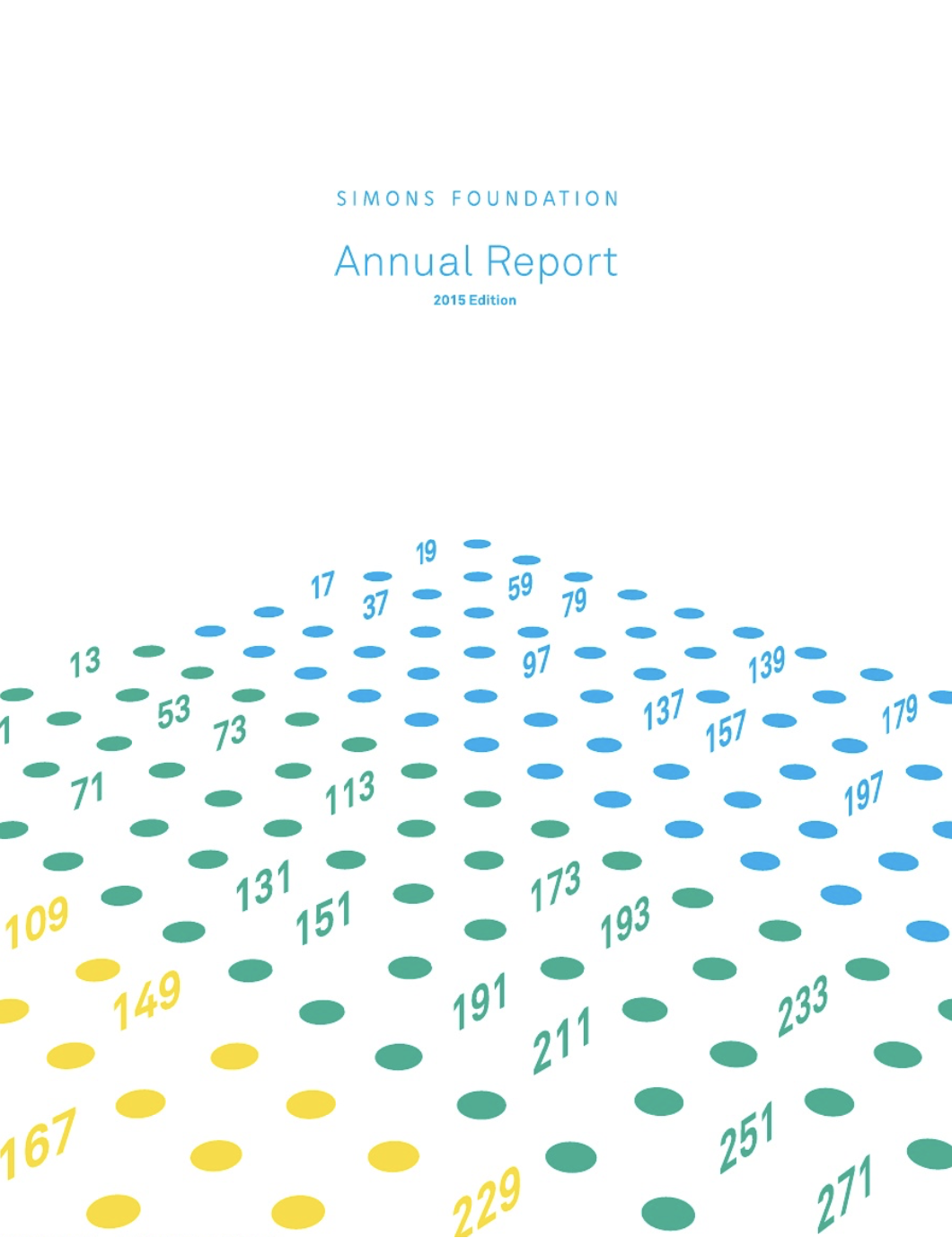 Simons Foundation 2015 Annual Report cover, featuring non-prime numbers represented as dots, with prime numbers written as numerals