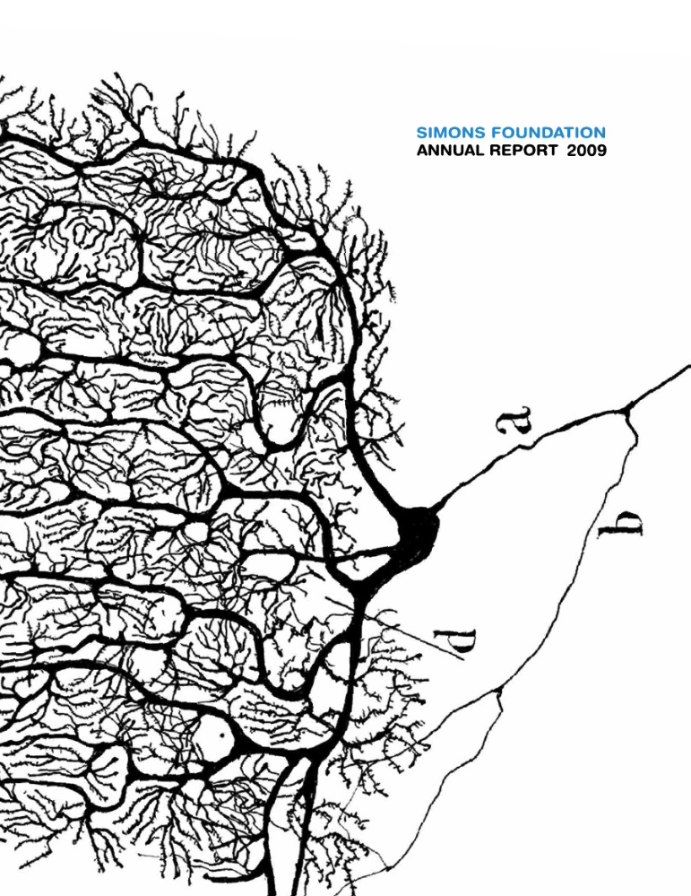Simons Foundation Annual Report 2009 cover, featuring a Camara lucida drawing of a Purkinje cell in the cat’s cerebellar cortex