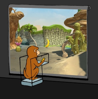 Illustration of a monkey staring at a natural exhibit