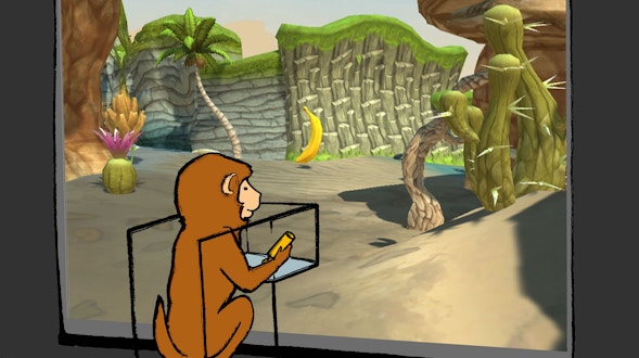 一只猴子凝视着自然展品的插图