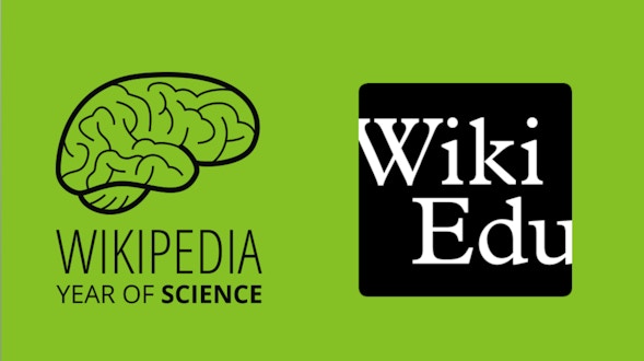 Wikipedia Year of Science logo (a brain) next to the Wikipedia Education Foundation logo