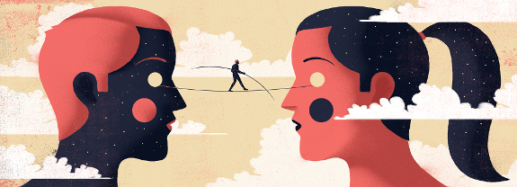 Digital illustration of man and woman in a sky, as a tightroper holds a pole while walking on a line connecting their eyes