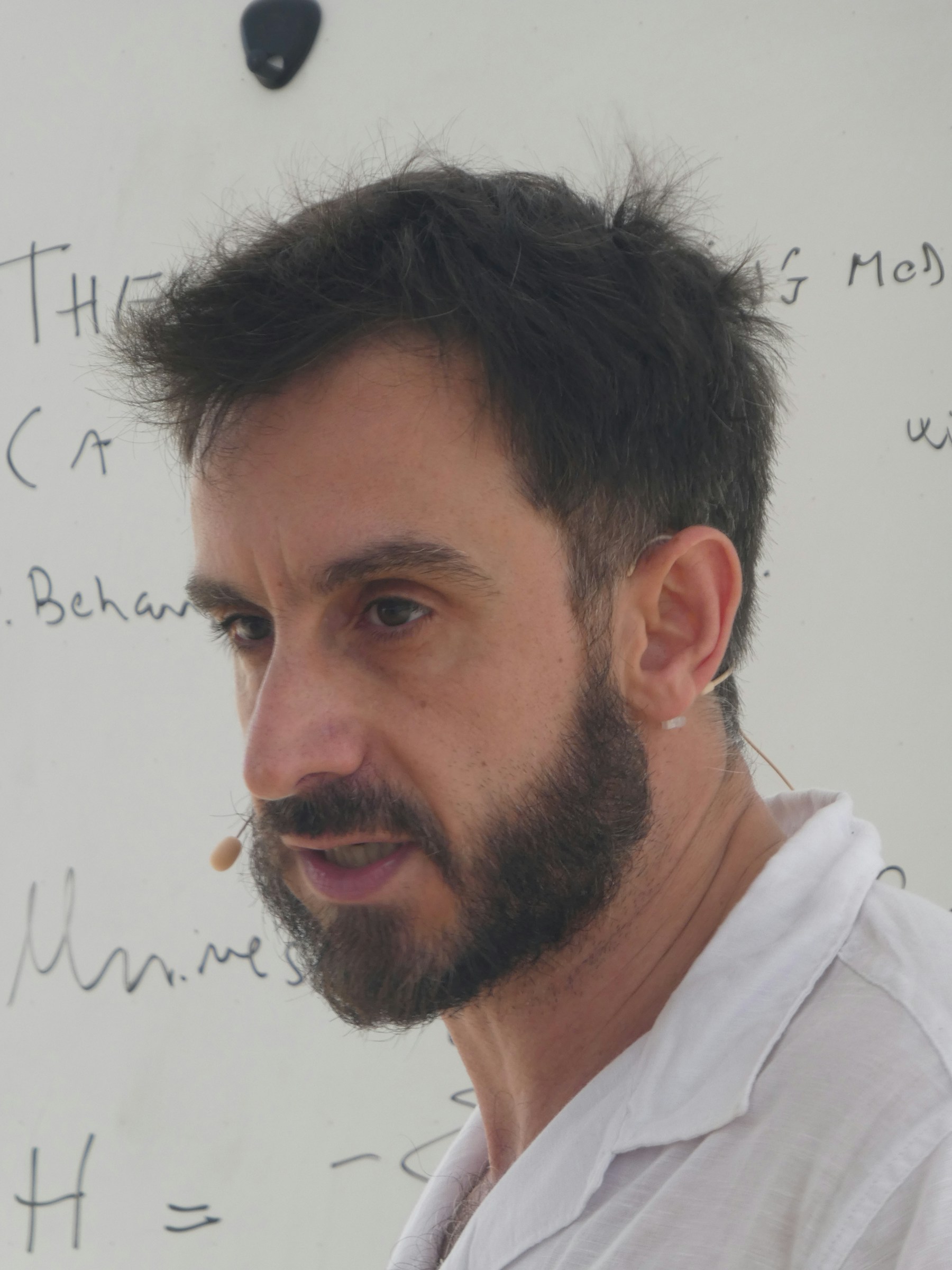 Leonardo Rastelli in front of a whiteboard with writing on it