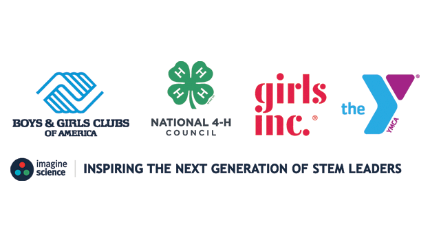 Logo composite: Boys & Girls Club of America, National 4-H council, girls inc, YMCA and Imagine Science. The motto 