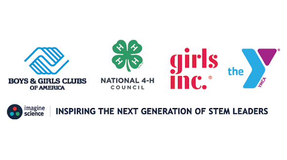 Logo composite: Boys & Girls Club of America, National 4-H council, girls inc, YMCA and Imagine Science. The motto 