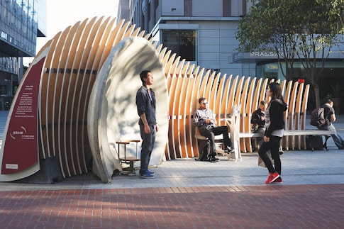 The Exploratorium installed this public interactive exhibit in San Francisco, called ‘Whispering Dishes.’ A pair of curved concrete dishes (just one is shown) focuses sound so that two people around 15 meters apart can hear one another whispering, even over the din of a busy street