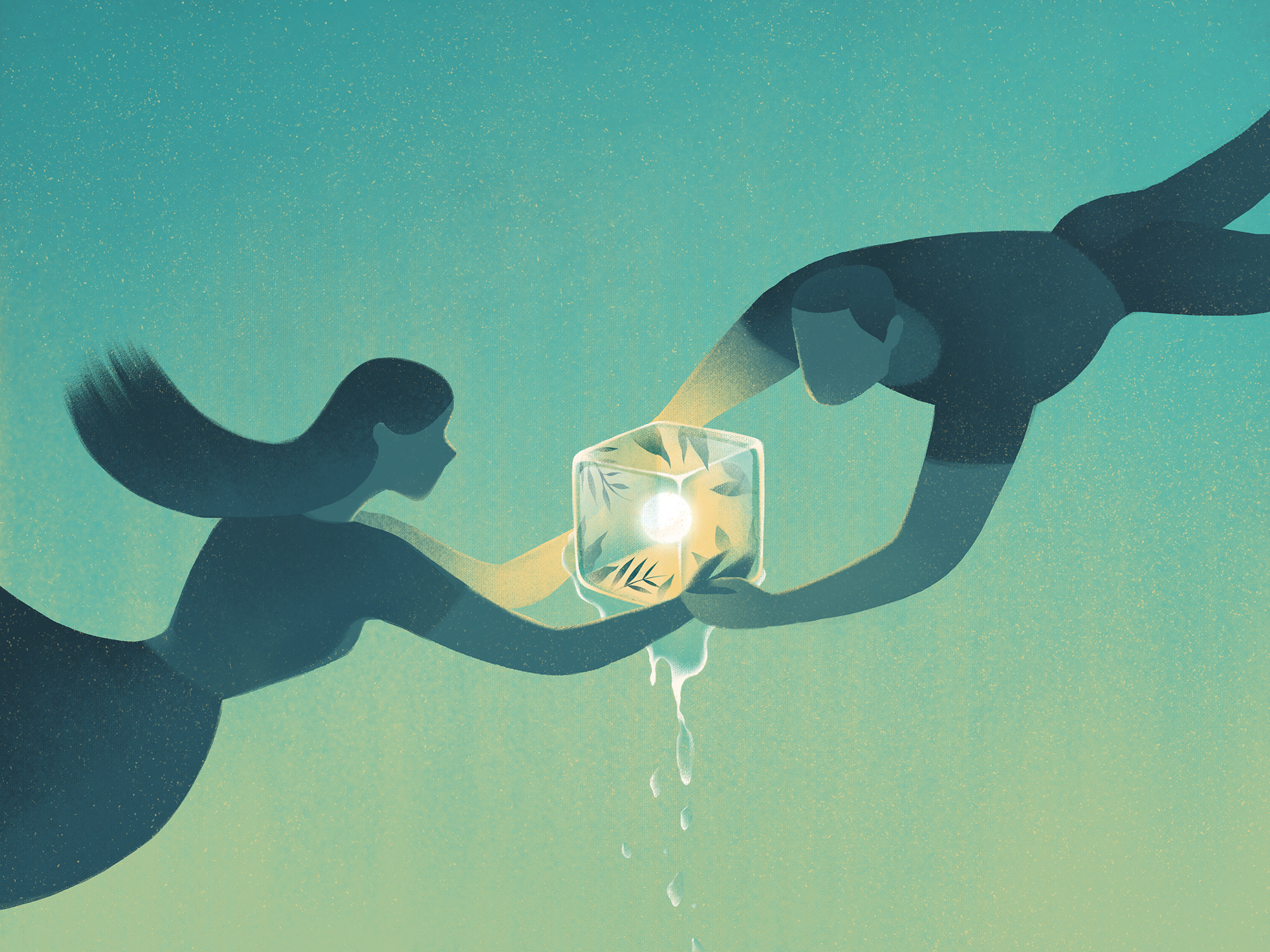 Digital illustration of two people holding a lit up, melting ice cube