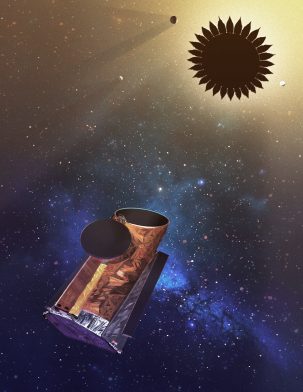 Rendering of how HabEx will use a 'starshade' to reduce the glare from distant stars while hunting for Earth-like planets