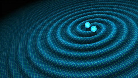 An artist’s interpretation of the gravitational waves emanating from a pair of neutron stars