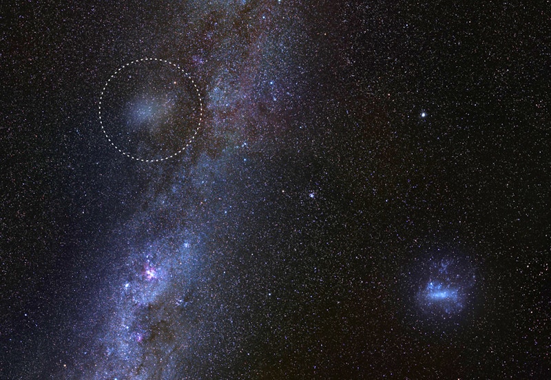 The Milky Way with the Large Magellanic Cloud (bottom-right) and Antila 2 (top-left)