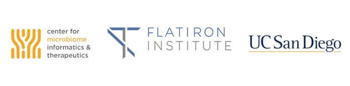 Logos of center for microbiome informatics and therapeutics, flatiron institute and UC San Diego side by side from left to right