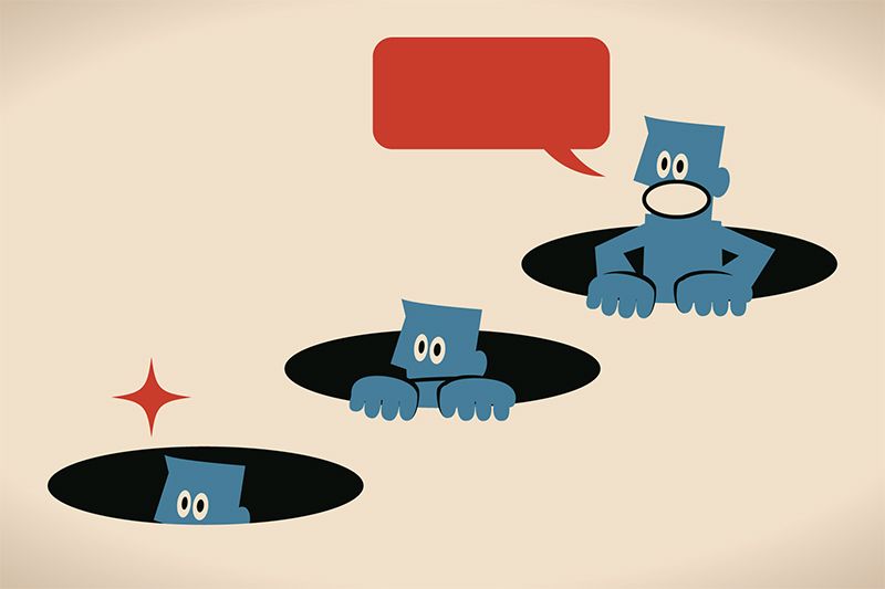 Digital illustration of three blue creatures peaking out of holes