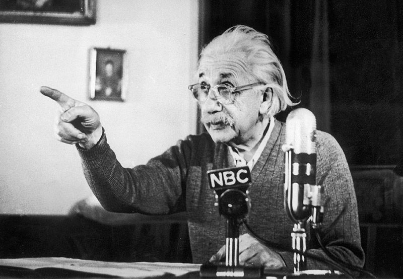Einstein behind broadcast microphones