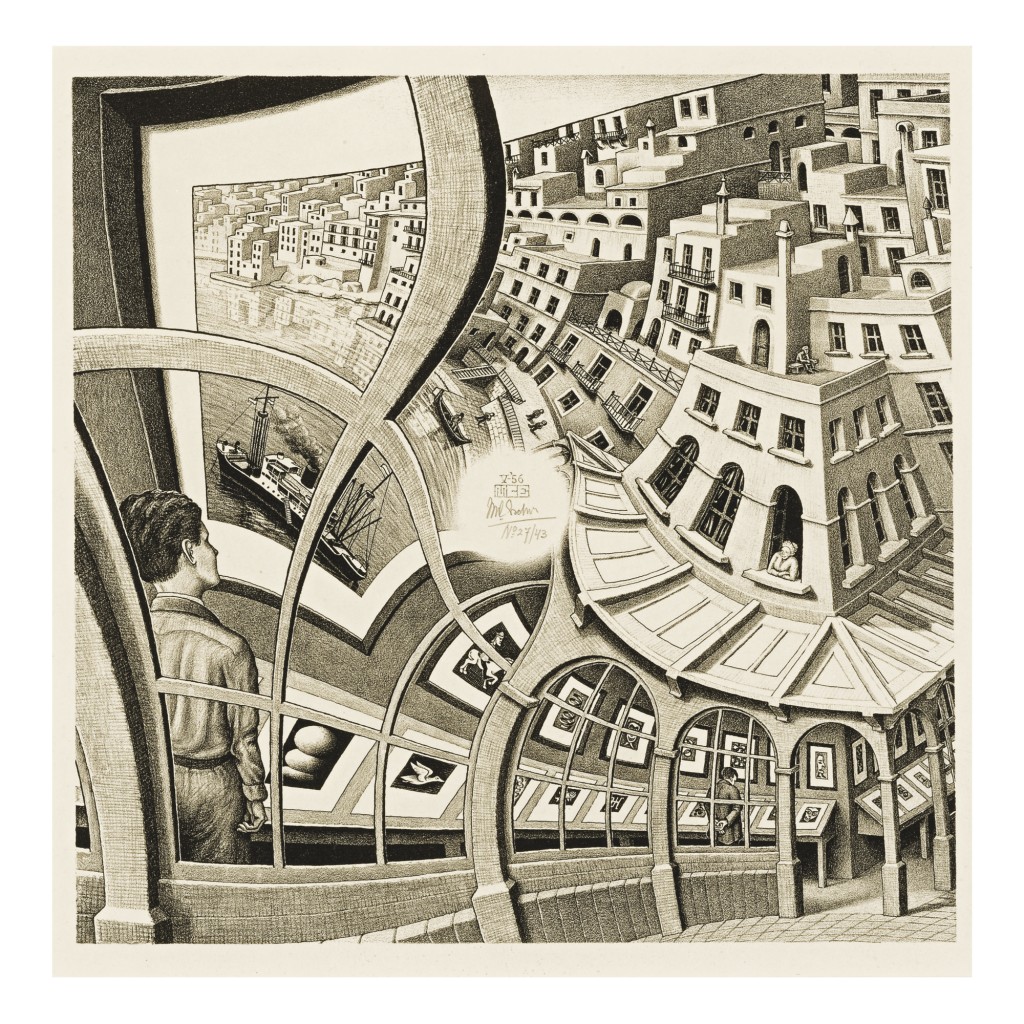 Drawing by Maurits Cornelis Escher of impossible buildings