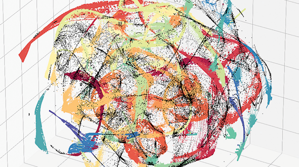 Microbial Model: Even CBIOMES’ simplified models of ocean microbial life can generate extraordinary complexity. Here, a machine-learning tool has distilled one model’s output into a three-dimensional representation of the abundance of 51 types of microbes. Each colored streak represents a different ocean province with a consistent phytoplankton community