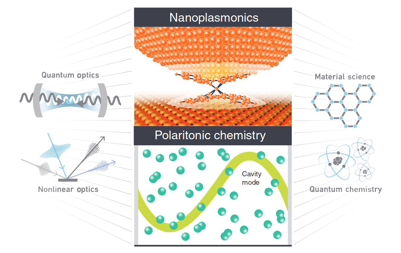 An image with illustrations of Quantum optics, Nanoplasmonics, Material science, Nonlinear optics, Polaritonic chemistry and quantum chemisty