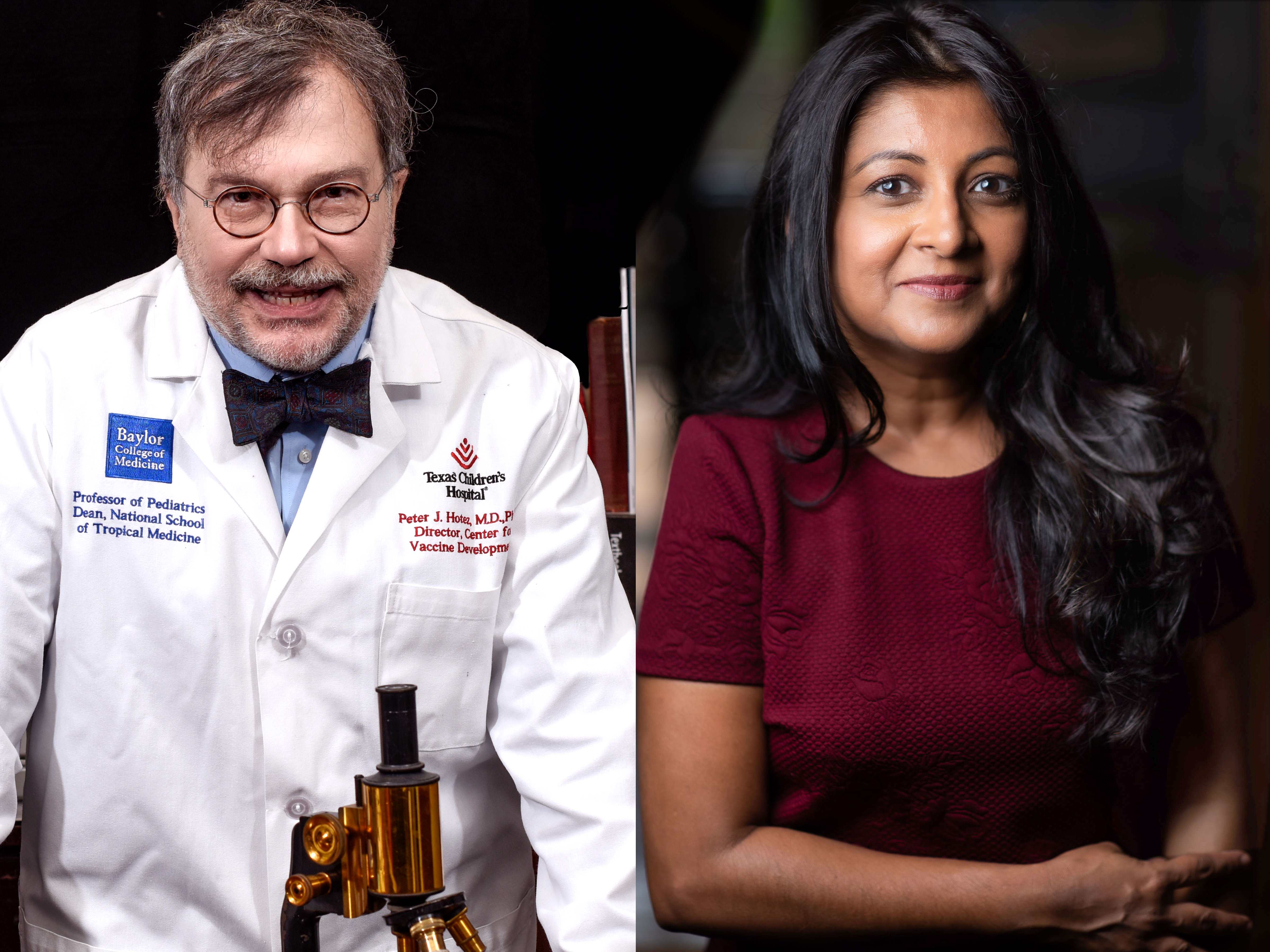 Side-by-side portraits of Peter Hotez (left) and Apoorva Mandavilli (right)