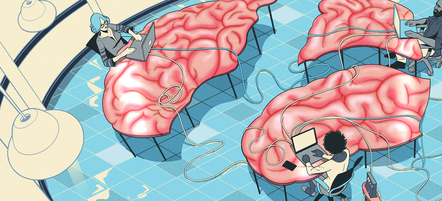 A digital illustration of three people working on laptops that connected to each other's devices with wires and placed on separate desks that, when put together, make a complete image of a human brain.