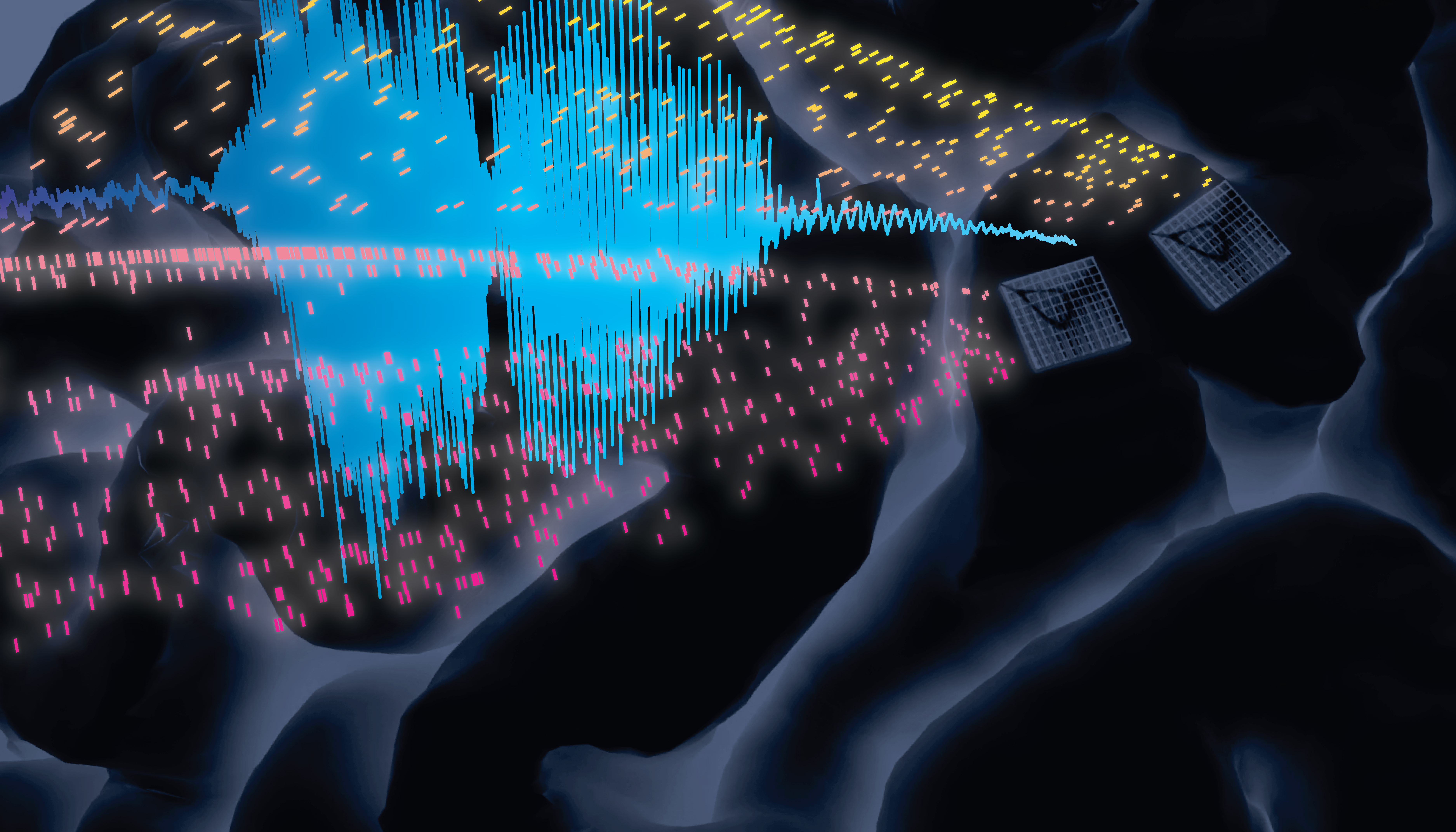 multicolored dashes across a cavernous wave