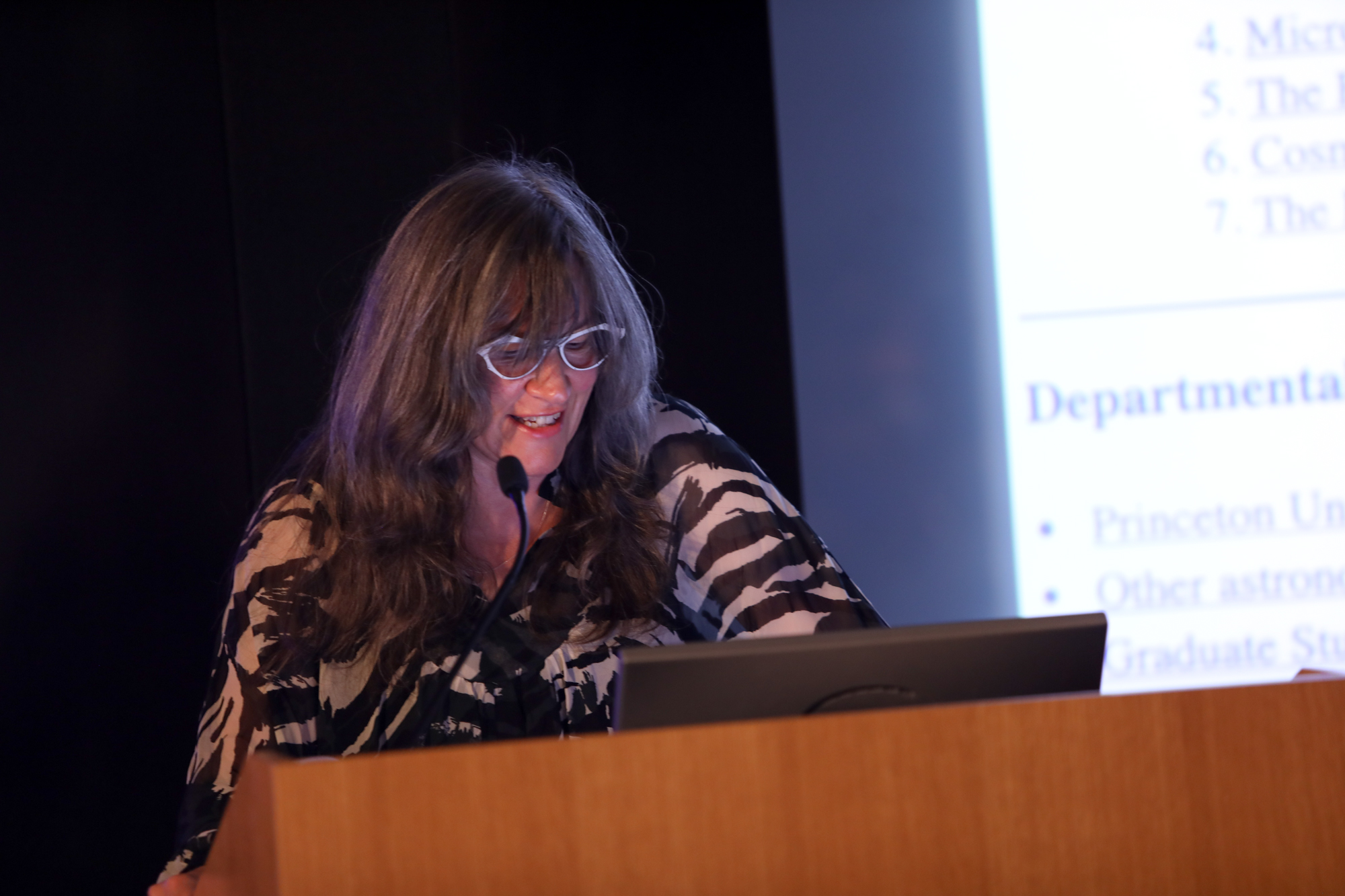 A photograph of a person speaking at a wooden podium and standing beside a screen with a slide projected onto it.