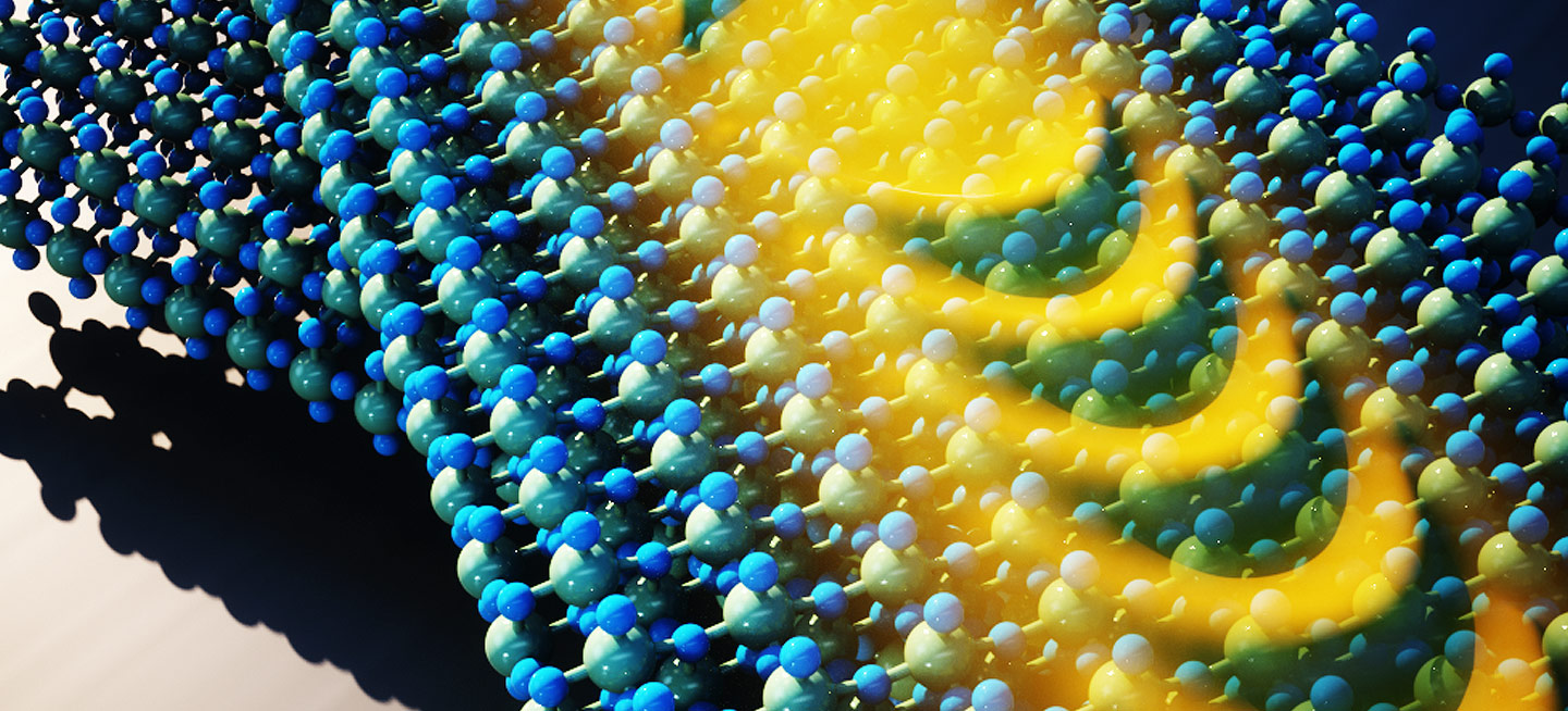 A digital illustration of two surfaces each made up of interconnected 3-D molecule structure models.