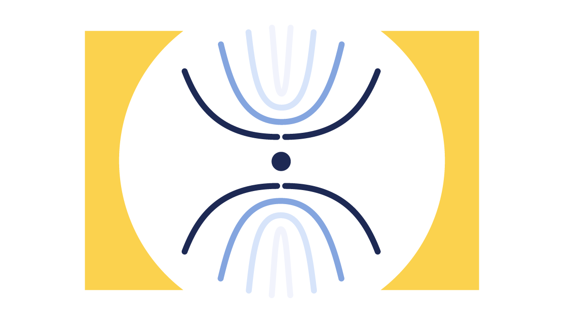 half circles on top of a small circle in different shades of blue forming an hourglass and framed with yellow