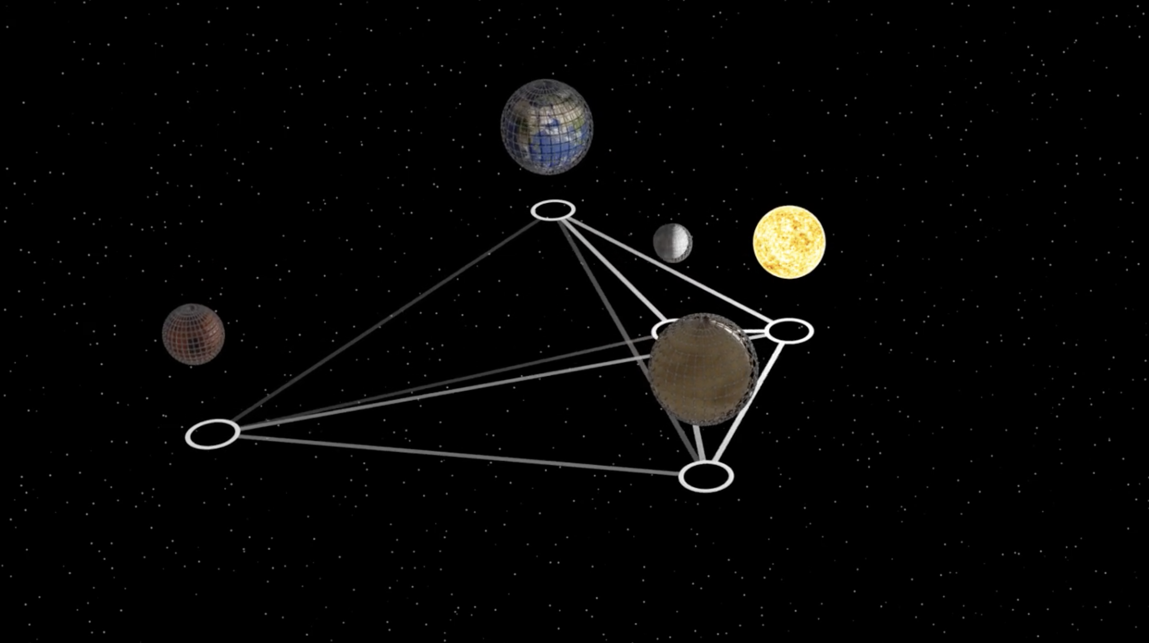 A digital illustration of 3-D models of some planets from the solar system arranged in a diamond shape.