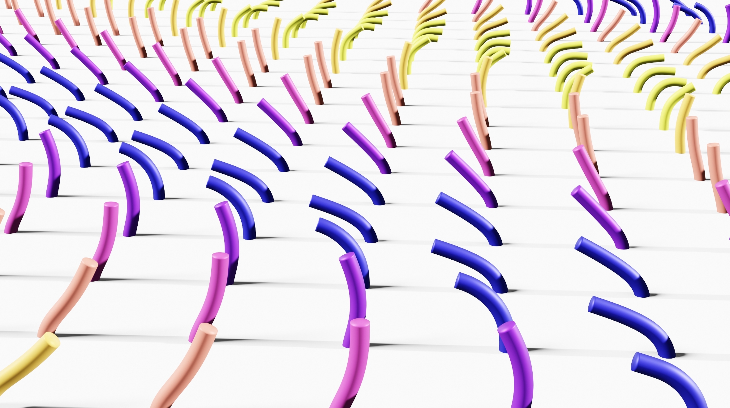 A digital illustration of cell cilia arranged in rows and in different stages of waving in place.