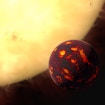 This artist’s impression shows the super-Earth 55 Cancri e in front of its parent star. Using observations made with the NASA/ESA Hubble Space Telescope and new analytic software scientists were able to analyse the composition of its atmosphere. It was the first time this was possible for a super-Earth. 55 Cancri e is about 40 light-years away and orbits a star slightly smaller, cooler and less bright than our Sun. As the planet is so close to its parent star, one year lasts only 18 hours and temperatures on the surface are thought to reach around 2000 degrees Celsius.