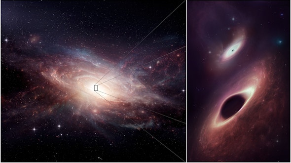 ALMA Scientists Find Pair of Black Holes Dining Together in Nearby Galaxy MergerWhile studying a nearby pair of merging galaxies using the Atacama Large Millimeter/submillimeter Array (ALMA)— and international observatory co-operated by the U.S. National Science Foundation’s National Radio Astronomy Observatory (NRAO)— scientists discovered two supermassive black holes growing simultaneously near the center of the newly coalescing galaxy. These super-hungry giants are the closest together that scientists have ever observed in multiple wavelengths. What’s more, the new research reveals that binary black holes and the galaxy mergers that create them may be surprisingly commonplace in the Universe.