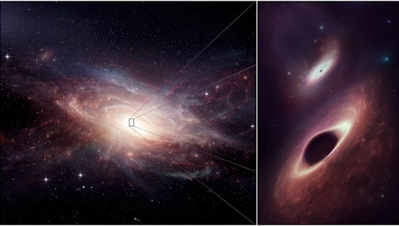在使用阿塔卡马大型毫米/亚毫米阵列(ALMA)和由美国国家科学基金会国家射电天文台(NRAO)合作的国际天文台研究附近的一对合并星系时，科学家们发现了两个超大质量黑洞同时生长在新合并星系的中心附近。这些超级饥饿的巨人是科学家们在多个波长中观察到的距离最近的。更重要的是，新的研究表明，双黑洞和形成它们的星系合并在宇宙中可能令人惊讶地普遍。
