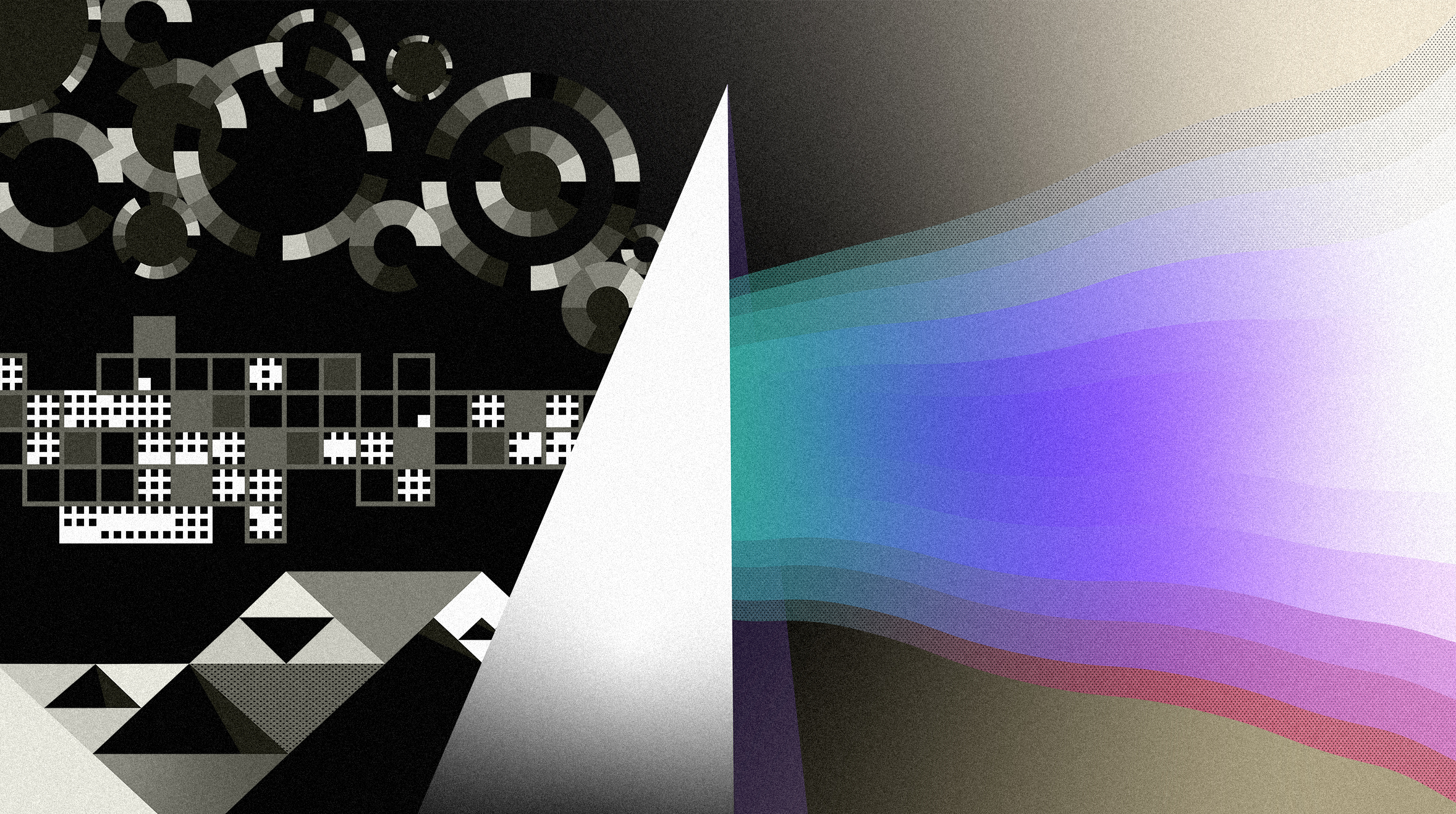 Stylized image of a prism and a rainbow