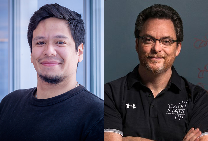 headshots of two men with dark hair and black shirts. the man on the right is also wearing glasses and has white writing on his shirt