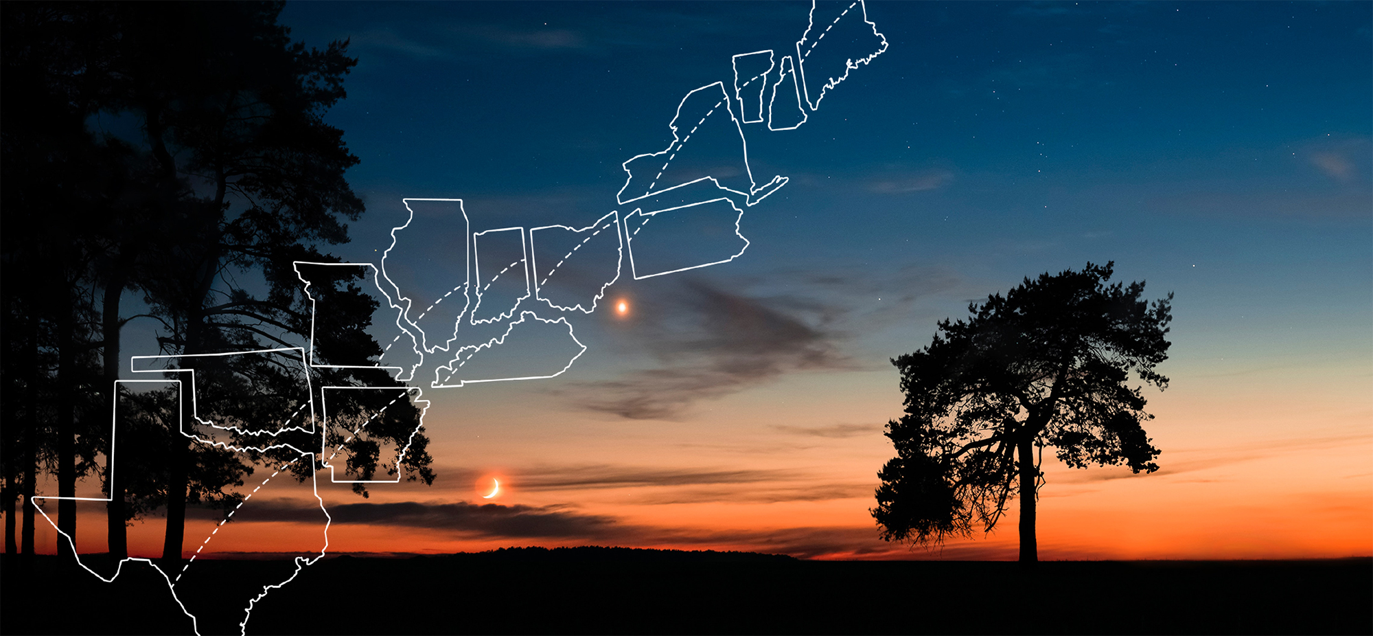 skyline with two trees at sunset and a white ouline of states on top of it