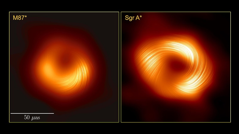 Seen here in polarised light, this side-by-side image of the supermassive black holes M87* and Sagittarius A* indicates to scientists that these beasts have similar magnetic field structures. This is significant because it suggests that the physical processes that govern how a black hole feeds and launches a jet may be universal features amongst supermassive black holes.
 The scale shows the apparent size on the sky of these images, in units of micro-arcseconds. A finger held at arm's length measures 1 degree on the sky; a micro-arcsecond is 3.6 billion times smaller than that. In context, the images of these black holes have an apparent size similar to that of a donut on the surface of the Moon.