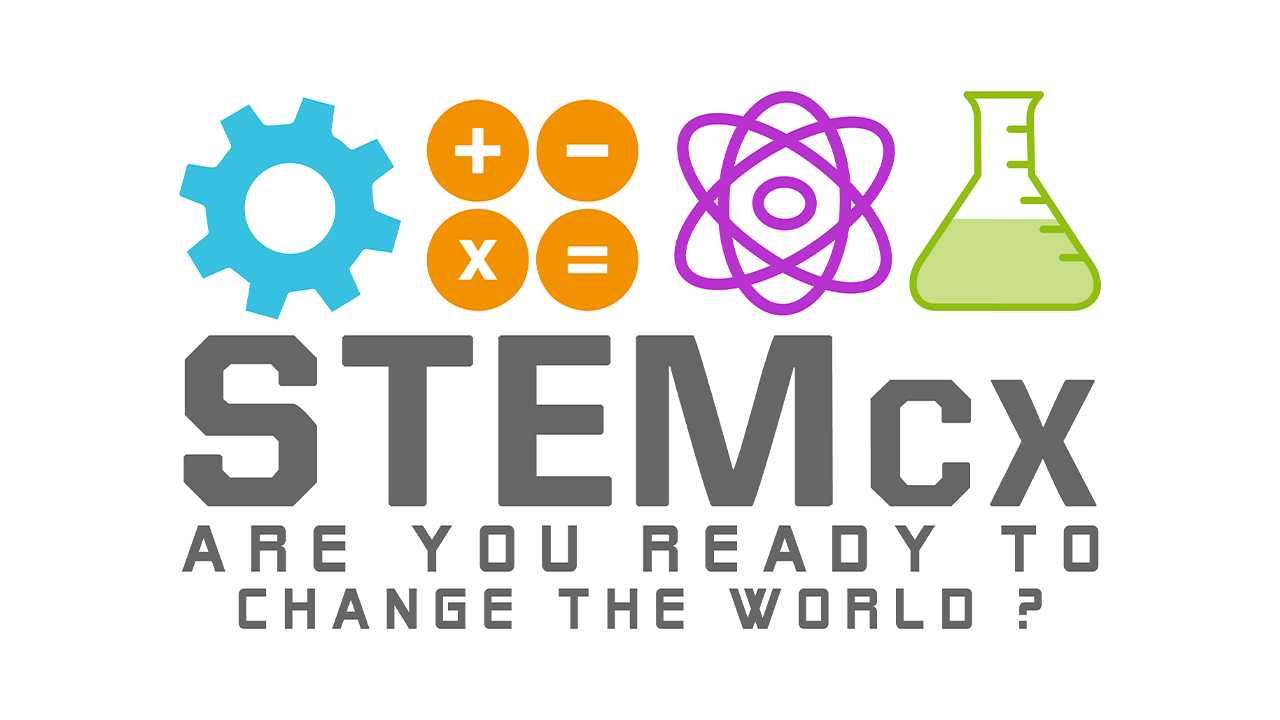 A gear, math symbols, atom, a beaker on top of 