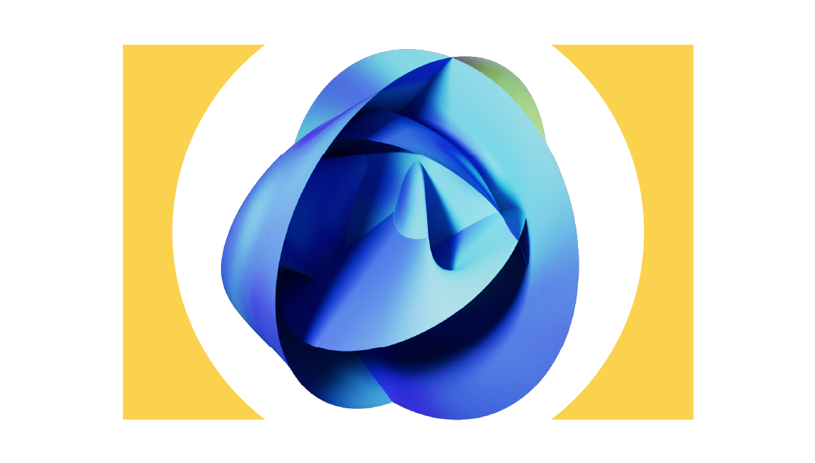 blue round geometric 3D mathematical image with yellow brackets around it