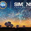 Combined image of NSF logo, Simons Foundation logo, constellations in the sky, and radio telescopes beneath the sky.