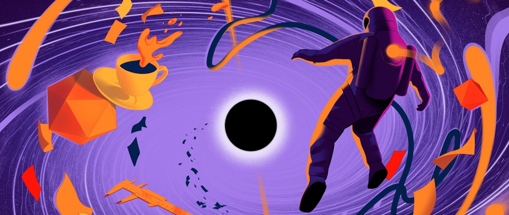 An illustration of an astronaut floating in space near a black hole. A coffee cup, geometric shapes and other objects circle the black hole.