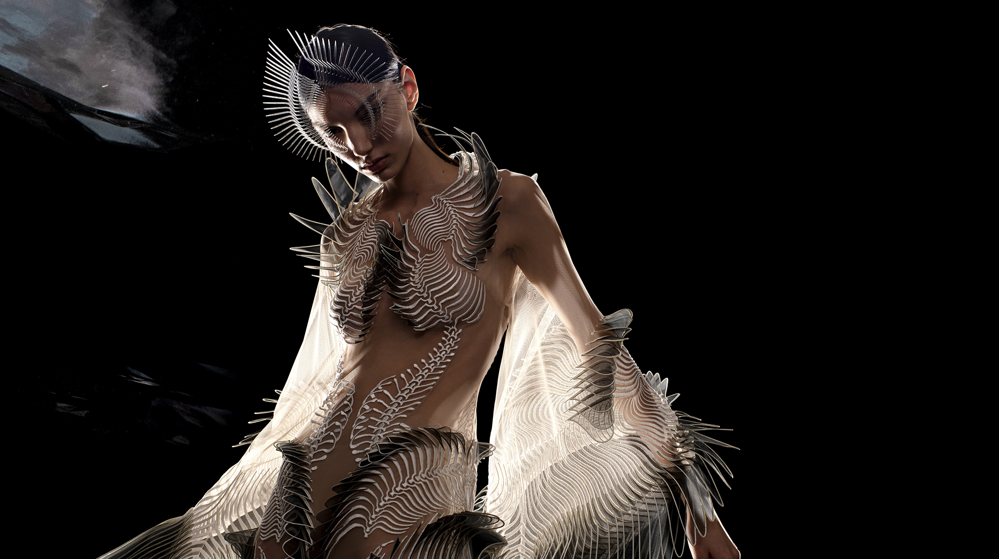 Iris van Herpen. Kimono Dress, from the collection, 2020. Glass organza, crepe, tulle, and Mylar. Model: Cynthia Arrebola. (Photo: David Ụzọchukwu)