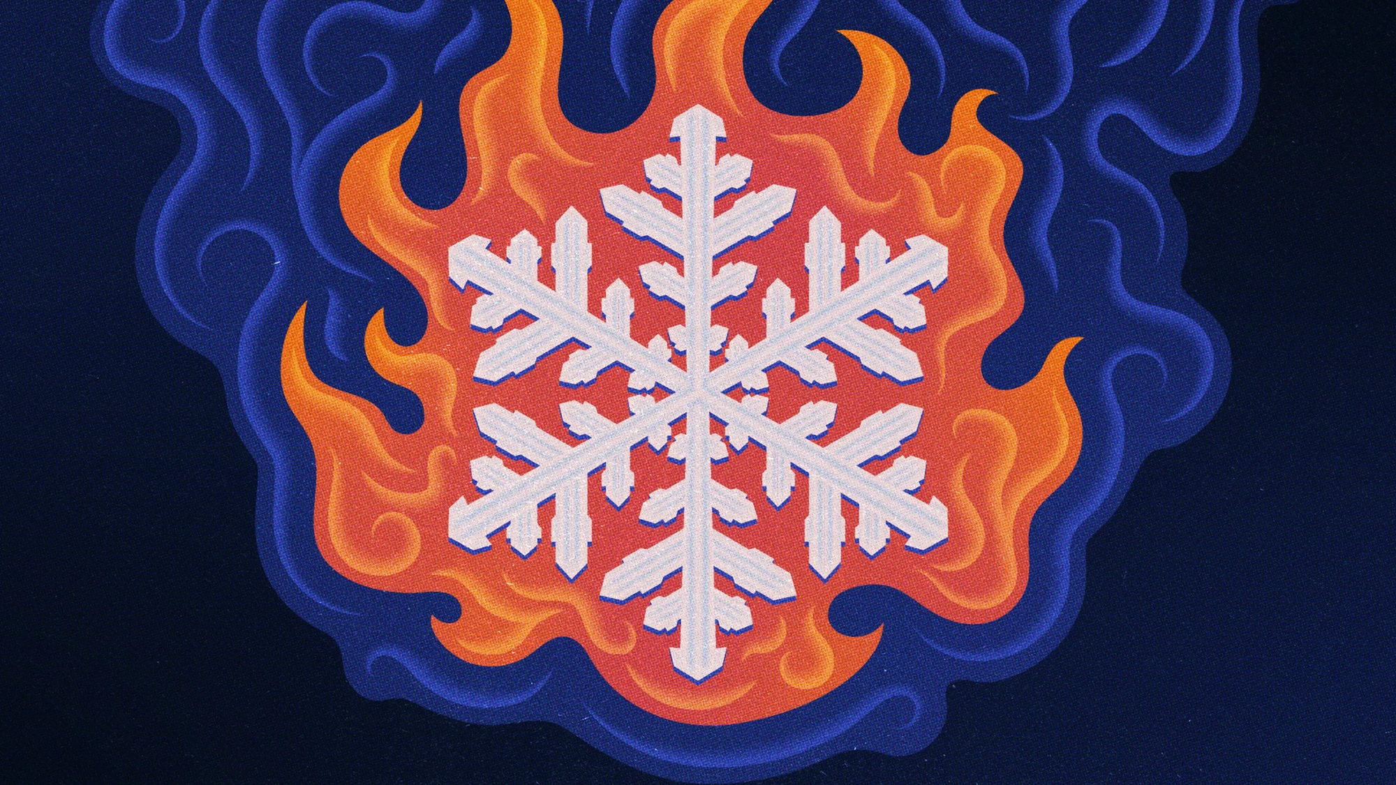 Snowflake surrounded orange and blue flames